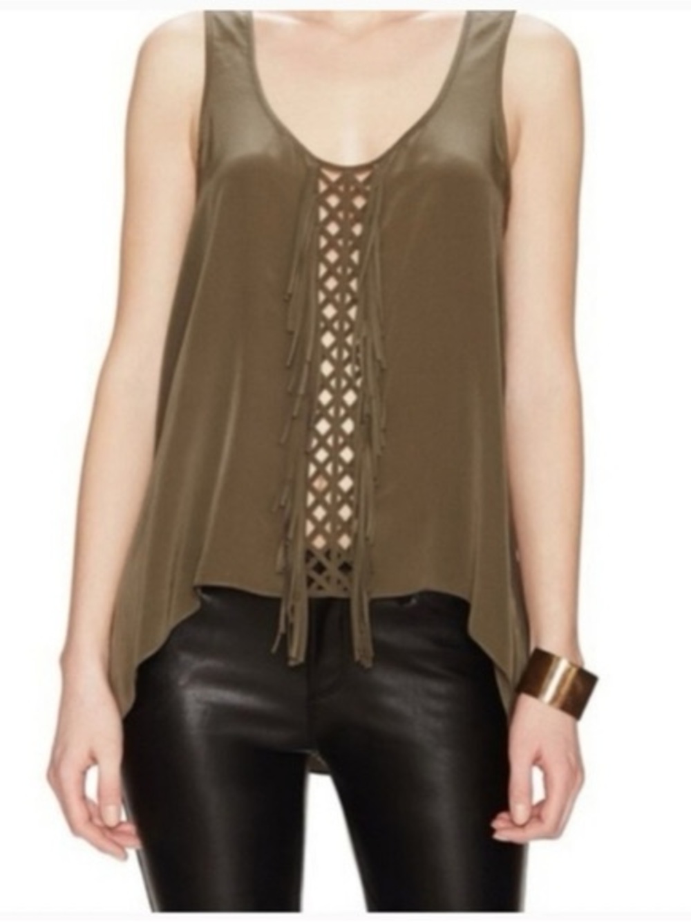 BCBGMAXAZRIA Silk Fringe Cut Out Sleeveless Blouse